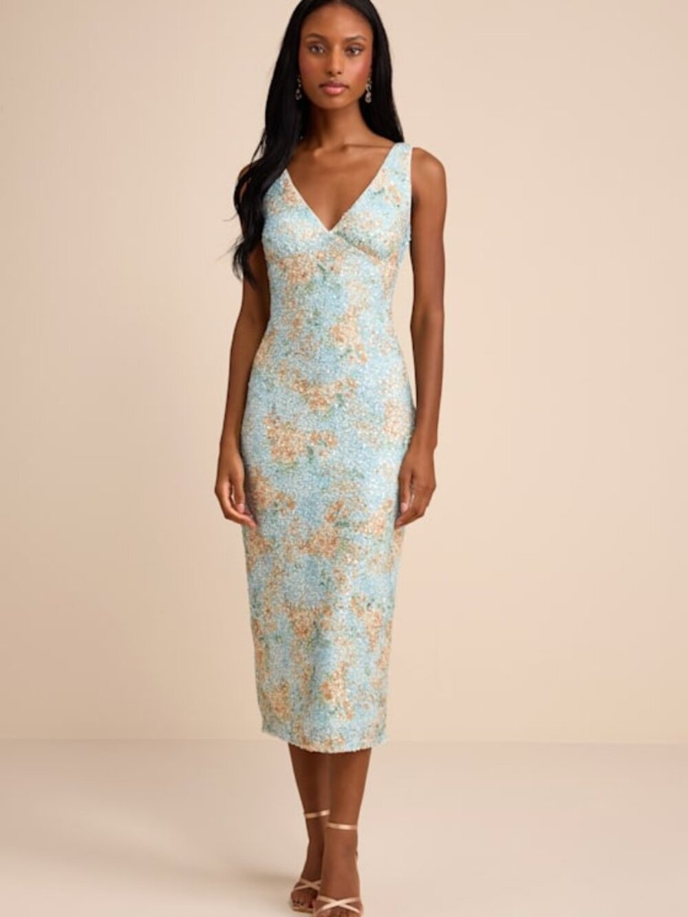 Lulus Renita Light Blue Floral Sequin Column Midi Dress - Size L